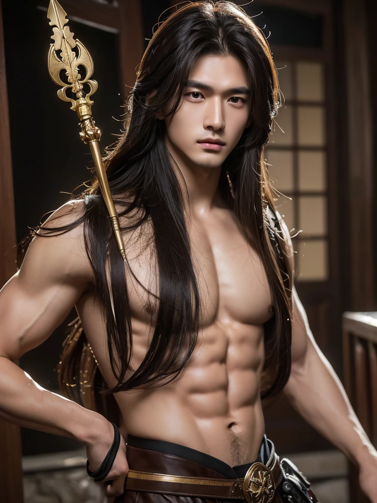 (Best Quality, 8k, Masterpiece :1.3), handsome young man with perfect figure and long hair :1.4, Zhong Li, Zhongli, Dark brown hair, inflated chest, genshin impact, on ruins, in the hands of a spear, Very detailed face and skin, Detailed eyes, Double eyelid