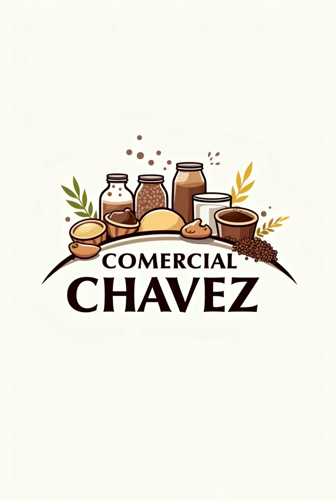 Logo of a shop where coffee is sold, rice, shall, sugar and other household products, that only the products appear and it is called COMERCIAL CHAVEZ