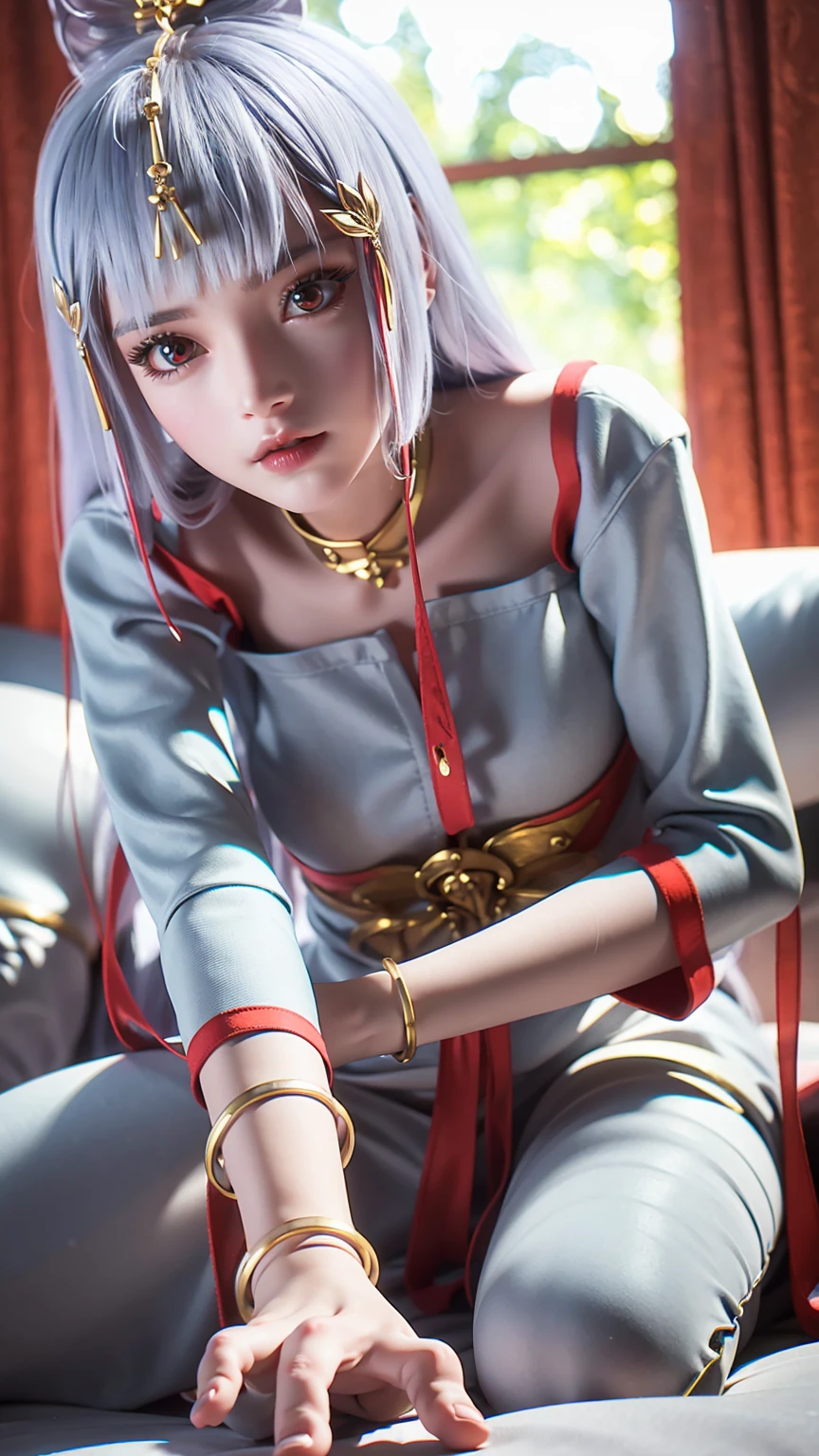 beautiful young woman laying on bed in pajamas, barefoot, full body shot, detailed eyes, detailed lips, extremely detailed face and eyes, long eyelashes, natural lighting, warm tones, soft focus, chiaroscuro, depth of field