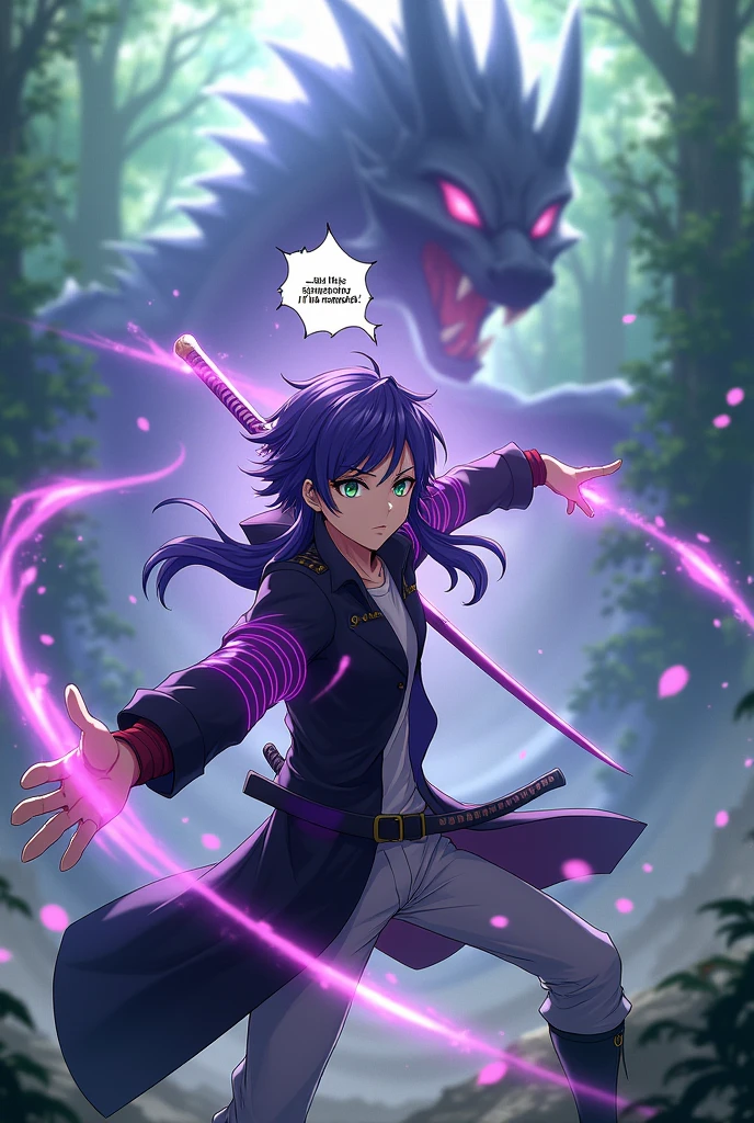A Genshin impact character, that is average looking, purple hair, mullet haircut, green eyes, soft face but fierce, black overcoat with white pants and tshirt, about 187cm, in a scenery in the woods, where he showcases a three mana circle with purple lightning power on his back and holding a katana sword in his left hand and is swinging it to fight the dragon in the background, it is anime style, make it to show his full body and his mana circle, make a bubble text above his head, the text says " this dragon is strong, but I'll manage"