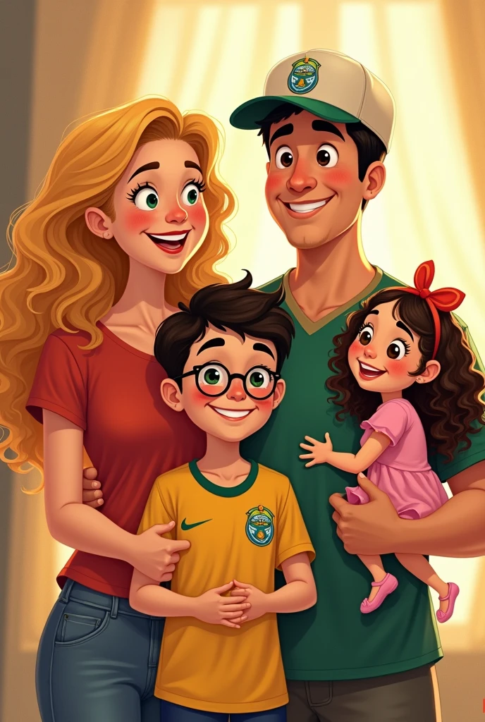 A drawing of a family of 4 all smiling, the blonde mother with curly hair, the father with a cap, he is bald and has a short Palmeiras shirt , the son short dark hair and glasses, and the youngest daughter with long curly brown hair with a bow, Disney style