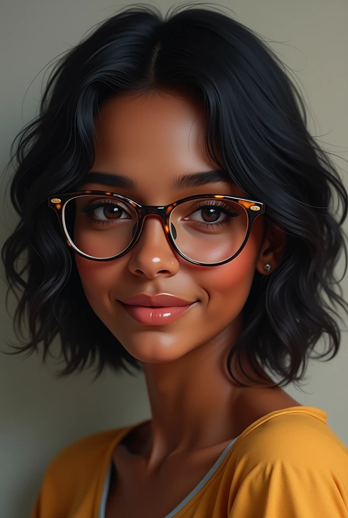 Create a girl with not so short black hair, dark skin and wear glasses to look real