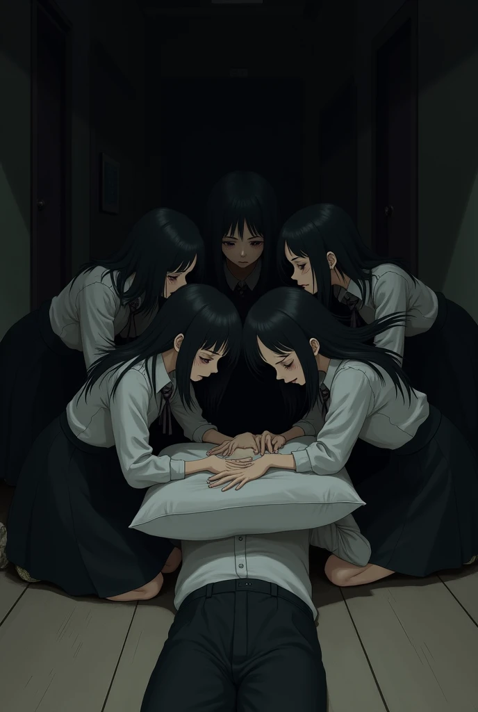 Group of school girls in long black skirts and long hair suffocating a dead boy on the floor with a pillow on his face