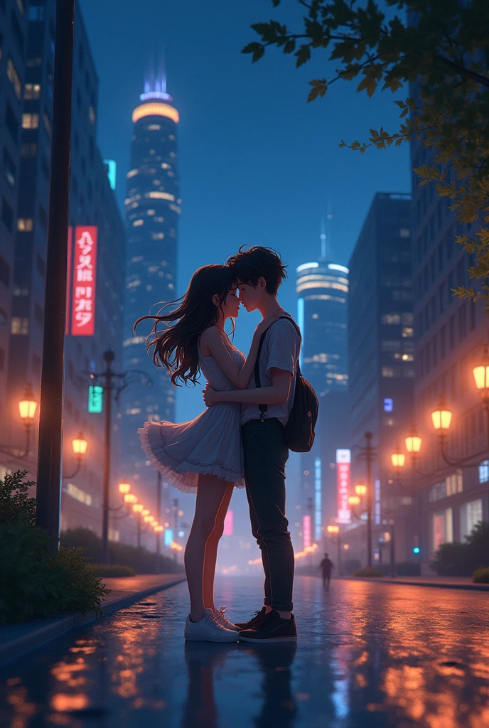 Girl and boy with night in city cuddle hug with kiss for hand