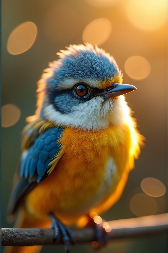 A mesmerizing close-up portrait of a gorgeous little bird illuminated by the soft, golof a tranquil morning, with vibrant bokeh balls gently framing its delicate form.