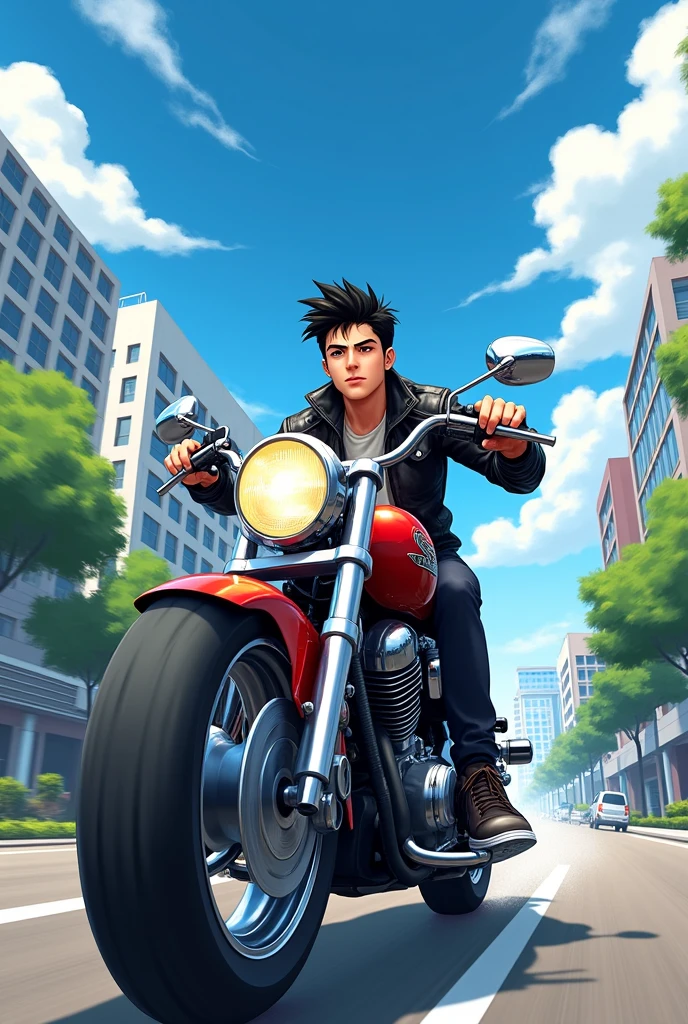 ChatGPT
Uploaded image
Bike riding give me best Prompt this photo
ChatGPT
To create a prompt for an image like the one you've shared, here’s a detailed description:
Prompt:
"Create a vibrant illustration of a young man riding a motorcycle through a cityscape. The character has short, spiky black hair and a focused expression on his face. He is wearing a sleek, black leather jacket and dark pants, embodying a sense of style and adventure. The motorcycle is a classic red, with chrome accents, reflecting light as it speeds along an empty road. The cityscape in the background includes modern buildings and trees, under a bright blue sky with fluffy white clouds. Capture the energy and thrill of the ride, emphasizing motion and excitement.