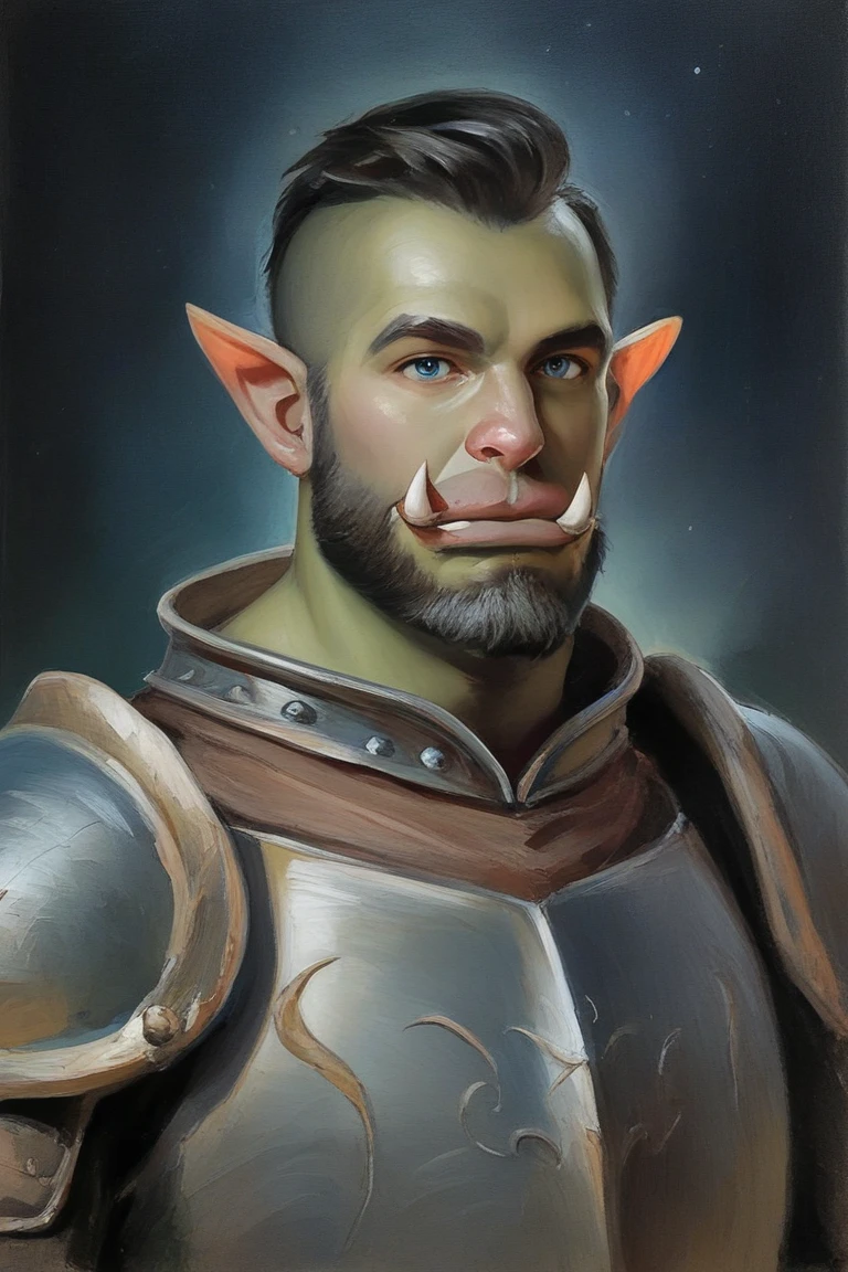 score_9, score_8_up, score_7_up, rating_safe, painterly, faux traditional media, realistic, 1boy, solo, male focus, mature male, orc, green skin, tusks, blue eyes, short hair, black hair, facial hair, beard, mustache, looking at viewer, armor, shoulder armor, breastplate, pauldrons, upper body, closed mouth, standing, outdoors, night, night sky, dark background