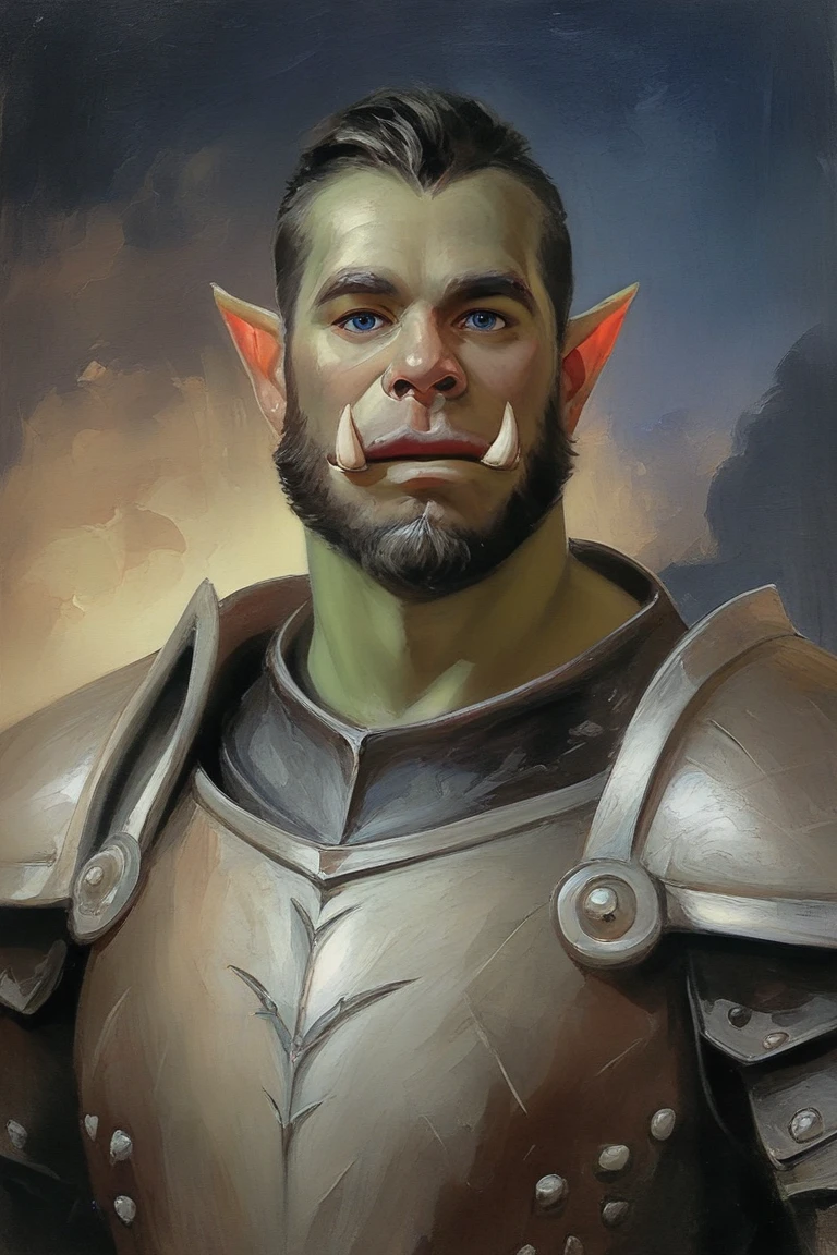 score_9, score_8_up, score_7_up, rating_safe, painterly, faux traditional media, realistic, 1boy, solo, male focus, mature male, orc, green skin, tusks, blue eyes, short hair, black hair, facial hair, beard, mustache, looking at viewer, armor, shoulder armor, breastplate, pauldrons, upper body, closed mouth, standing, outdoors, night, night sky, dark background