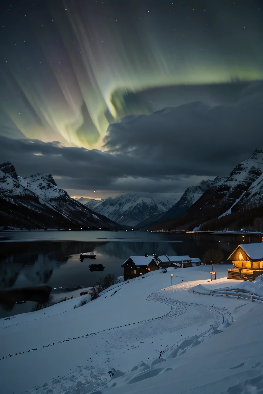 A remote village, winter night, northern light, mountainous, isolated house by a lake, cloudy sky