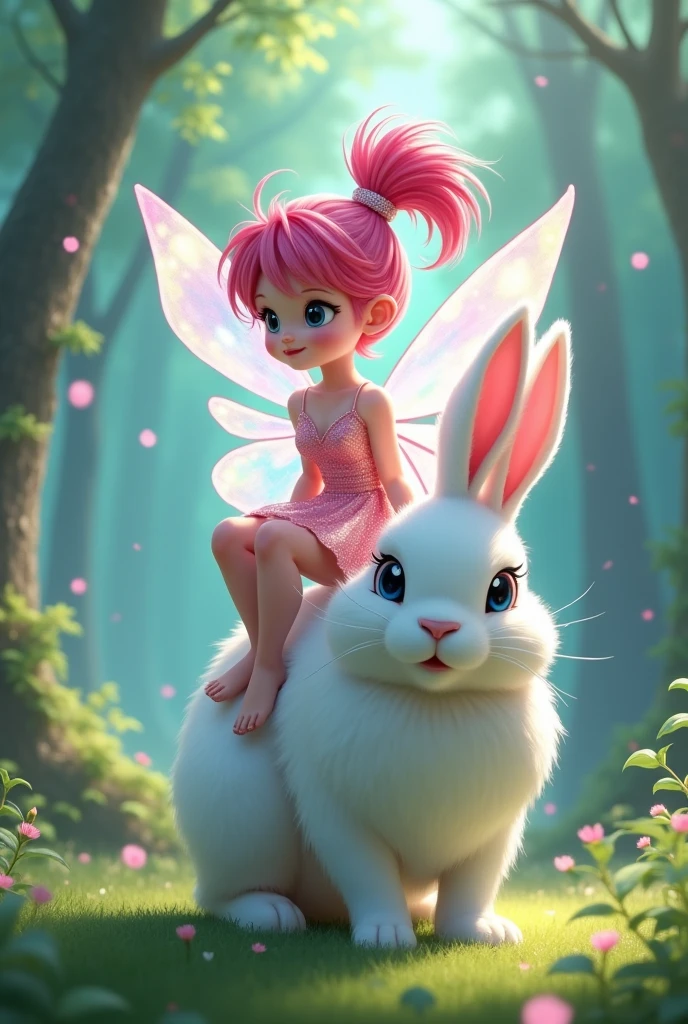 (masterpiece), 1girl, 2D artwork, anime, tiny fairy, high pony tail, pink hair, fairy wings, pink shinning clothes, riding a big white rabbit, enchanting forest in background