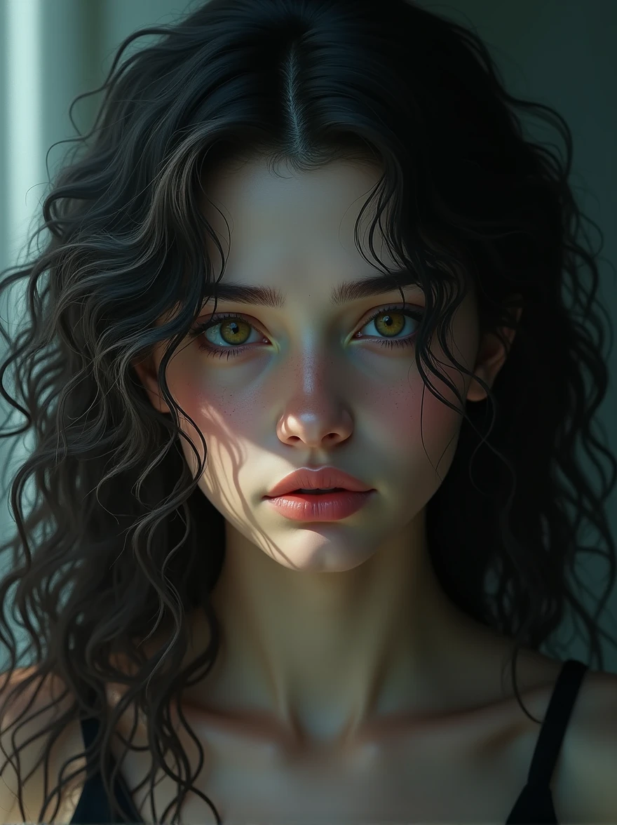 girl with black curly hair,beautiful ,has demon gaze.masterpiece