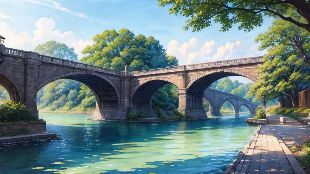 bridge over the river, watercolor
