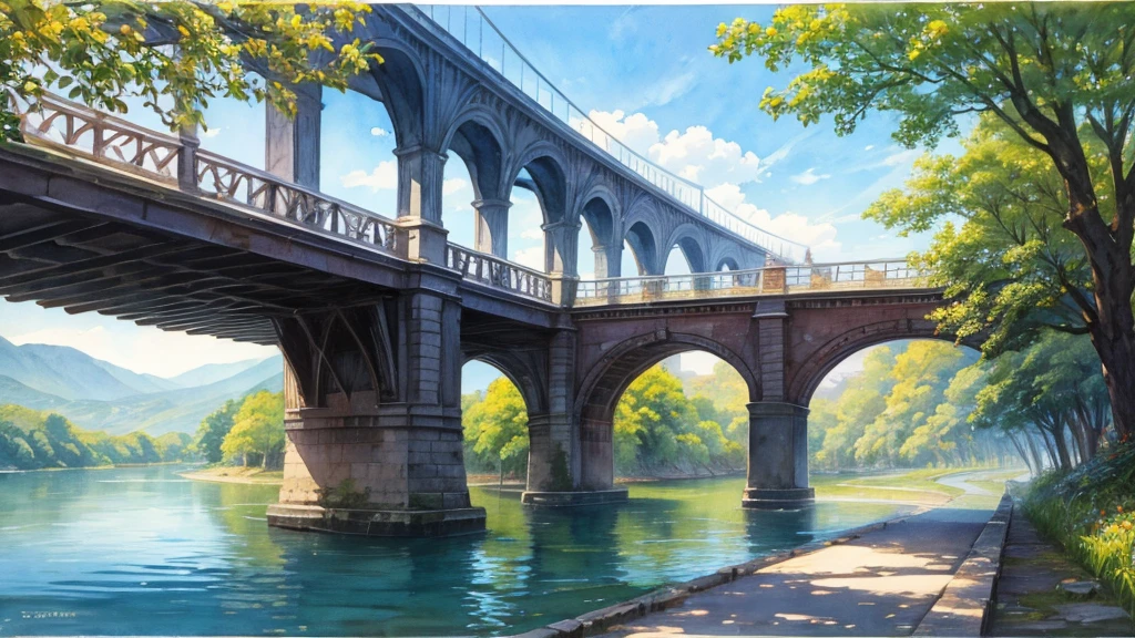 bridge over the river, watercolor