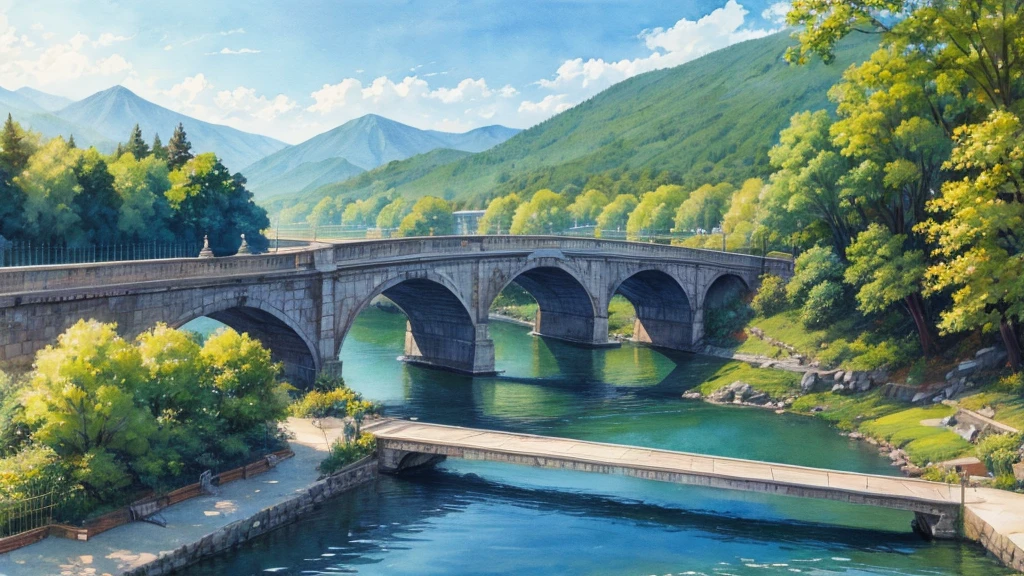 bridge over the river, watercolor