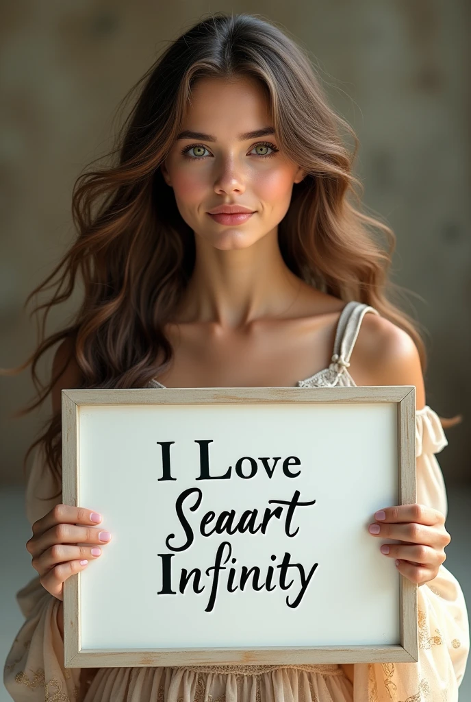 Beautiful girl with wavy long hair, bohemian dress, holding a white board with text "I Love Seaart Infinity" and showing it to the viewer