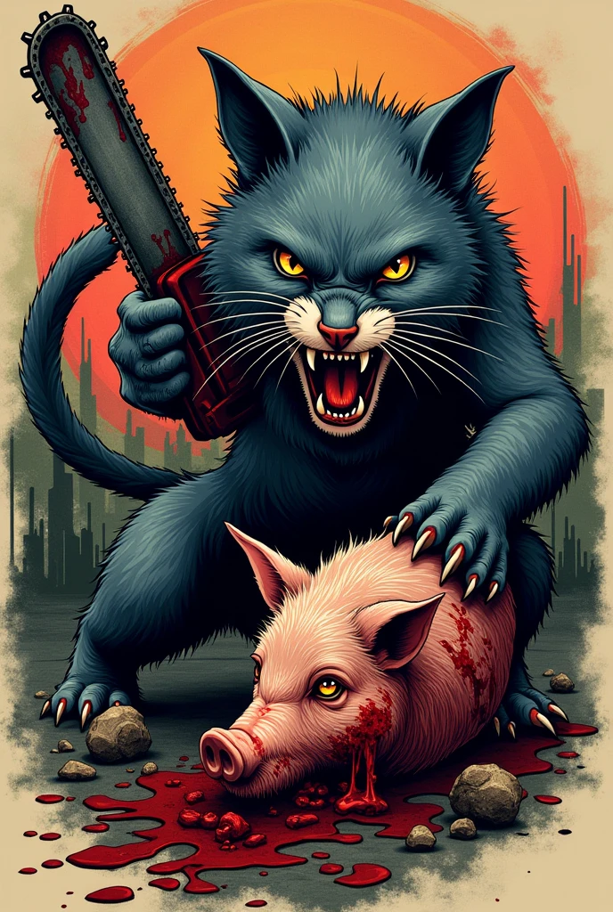 Savage cat with a chainsaw in the hand and the head of a pig in the other hand, gore style, tattoo style draw