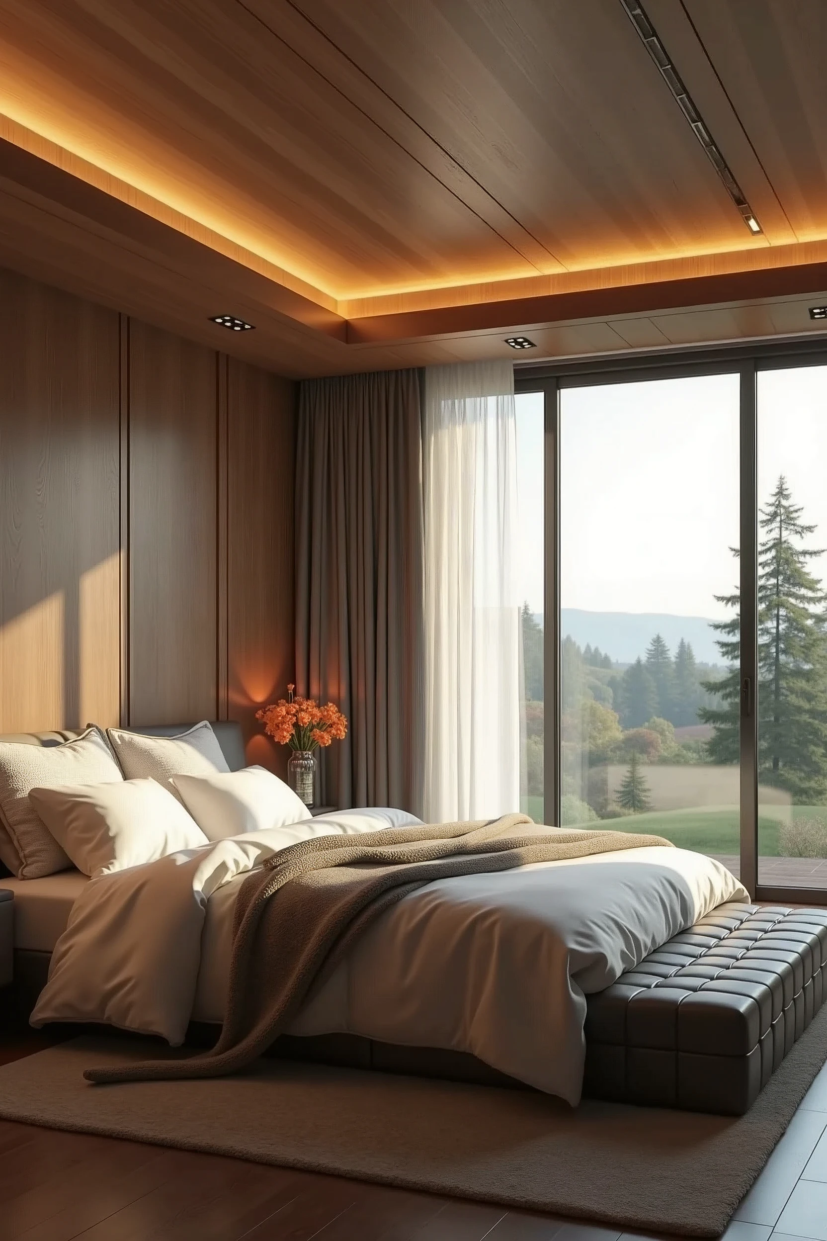 master piece bedroom, cozy, aesthetically pleasing, wooden theme, well organised room, perfect window view, hyper realistic, fhd 4k+