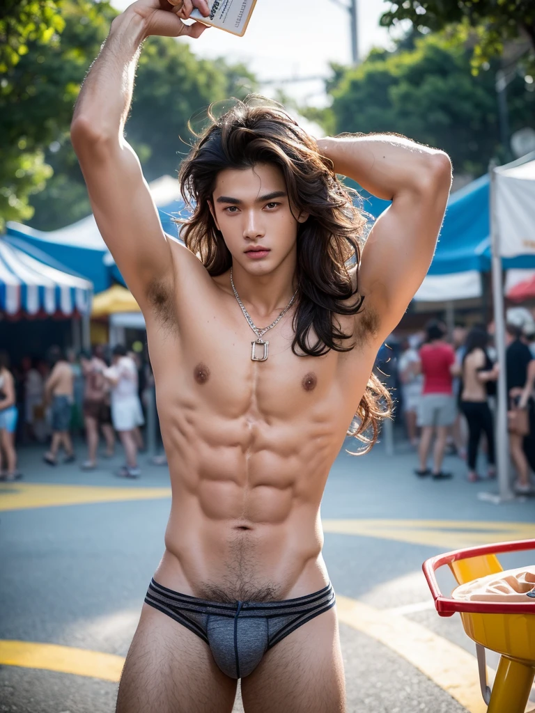 Crowded amusement park, amusement park light, crowded people, Very dirty Stain in his thong, no hair in armpits, smooth armpits, Very detailed finger, don't merge body, Very young boy, ager boy, (photorealistic, masterpiece, best quality), white pale skin, muscular man, hunk, charming, attractive, wearing necklace in his neck, completely naked , Realistic, fully naked, nude, perfect , male , modeling for a photoshoot, editorial style, handsome man, detailed face, Very crowded classroom, Topless, shirtless, 17 y, very young boy, Cinematic soft lighting illuminates a stunningly detailed and ultra-realistic handsome korean male supermodel, ultra messy long curly hair, clear honey eyes, captivating perfect smile, sensual, hot man, insanely handsome, showing off his sweaty body, very sixpack muscular body build, slender, toned, full body, 8k, photography, masterpiece, detailed face, detailed eyes, detailed hands, in the crowded festival showing off his very bushy hairy armpits, only wearing very thin micro thong with big hard bulge, very wet body, very sweaty body, amusement park background, amusement park scenery, wearing thin thong