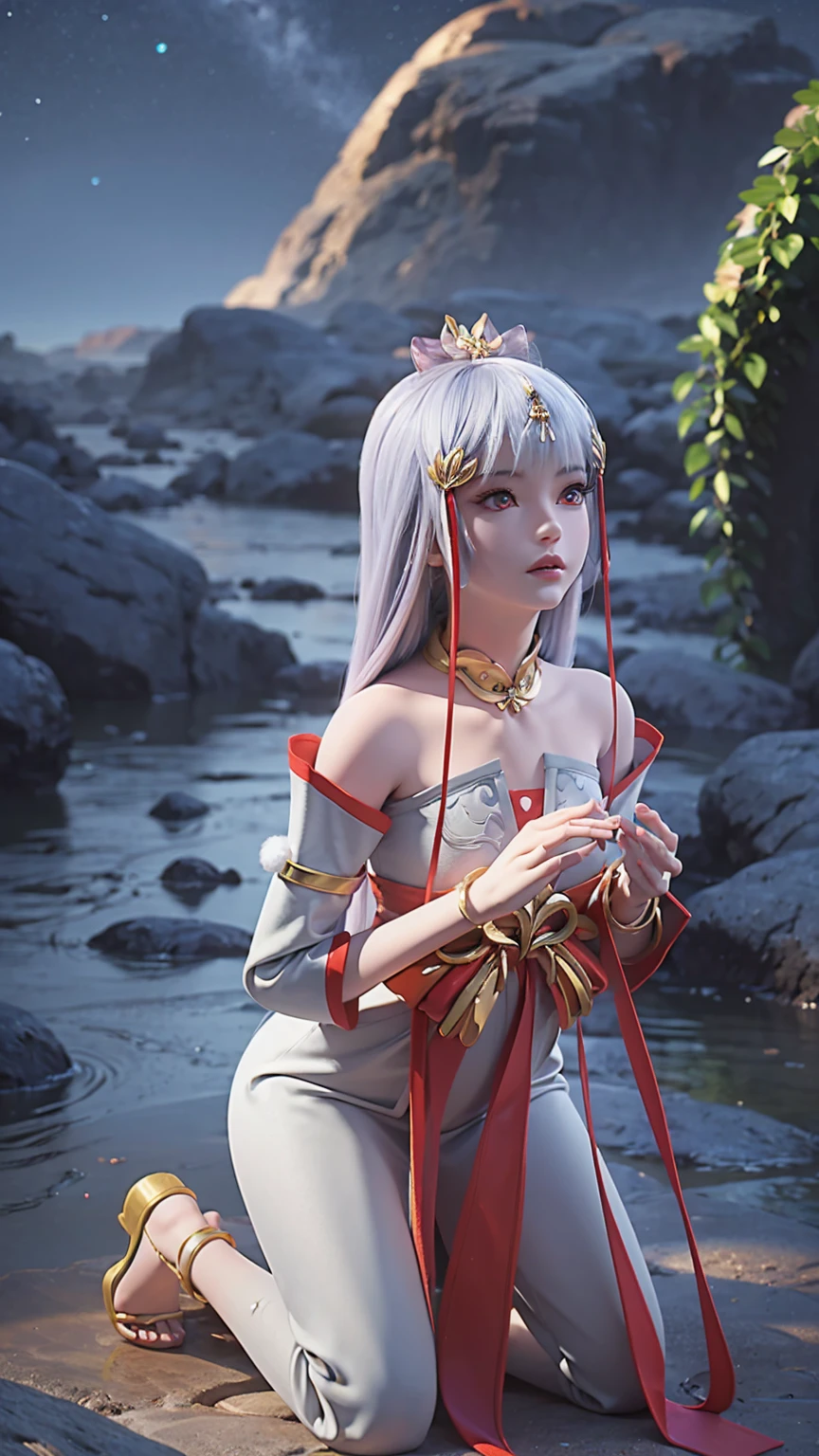 A beautiful anime girl kneeling in the starry sky, with water splashing around her knees, CG trend, smooth anime CG art, starry sky background, full body view, elegant lady kneeling pose, intricate detailed facial features, beautiful defined eyes, sharp nose, delicate lips, long eyelashes, pale skin, detailed clothing folds, soft lighting, vibrant colors, cinematic composition, masterpiece, 8k, hyper detailed, photorealistic, award winning digital art