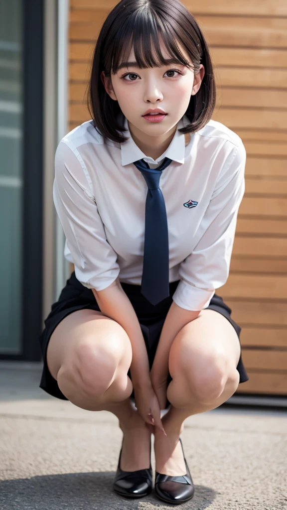 Highly detailed CG Unity 8k wallpaper, of the highest quality, super detailed, masterpiece, Realistic, photograph realistic, extremely detailed cute girl, 18 years old, Peeing, (collared shirt, pencil skirt, squat, pumps,), Round eyes, wavy mouth, Parted lips, black hair, crotchAngle,head out of frame,lower body,have to pee,covering crotch,(((hand between legs))),knees together feet apart, (embarrassed) yellow water, wet,