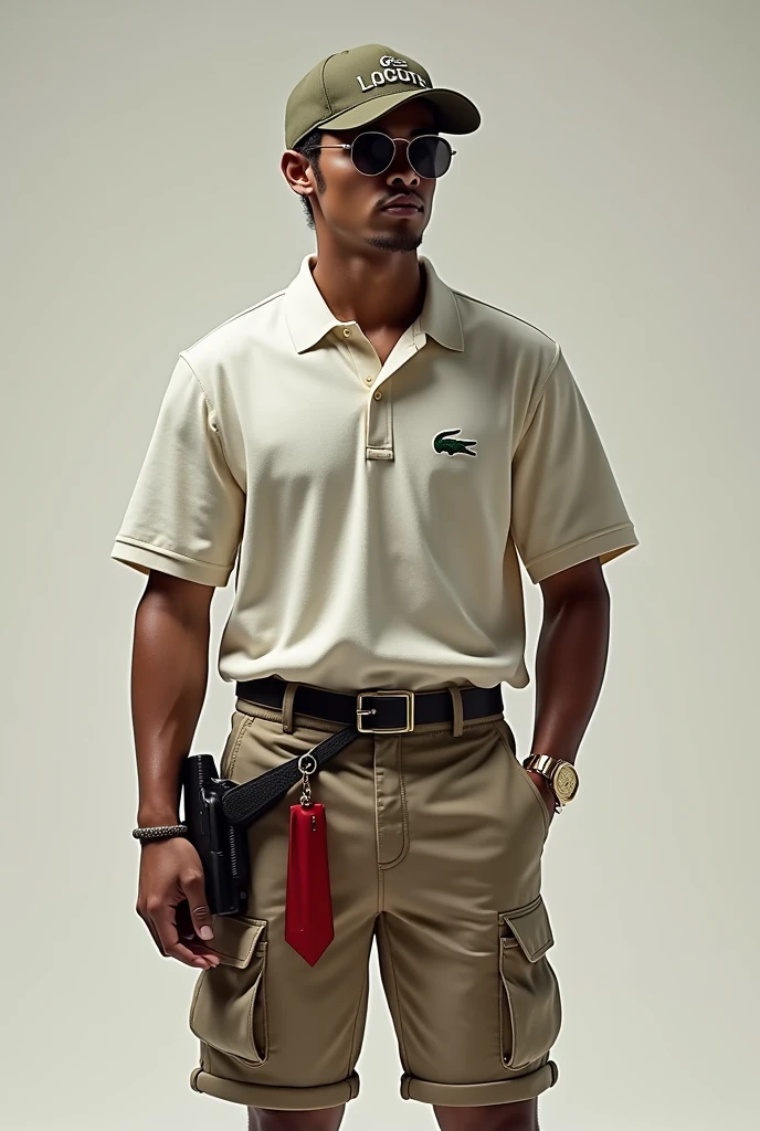 Make a male baby tattoo, Lacoste shirt, bermuda da Nike, Gucci cap, gold cord with red flag, Invicta gold watch, holster with pistol on the waist and magazines