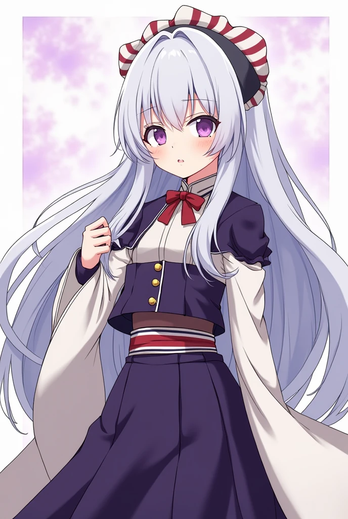 Garota de Kimetsu no Yaiba, with the uniform open at the top like Mitsuri but with a long skirt, long white hair, purples eyes. sanemi&#39;s sister snow breath

