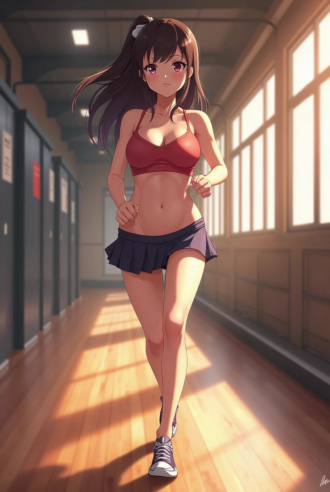 Anime-style busty high school girl running naked in the gym