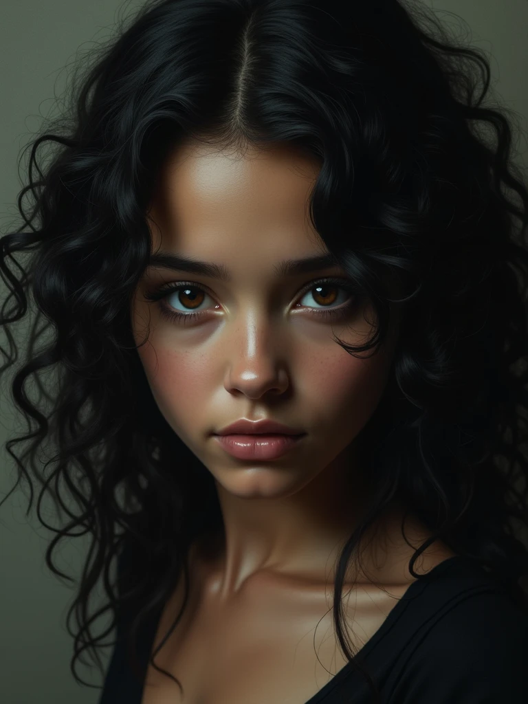 girl with black curly hair,beautiful ,has demon gaze.masterpiece