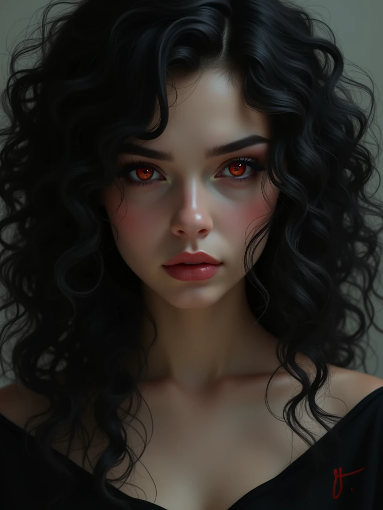 girl with black curly hair,beautiful ,has demon gaze.masterpiece