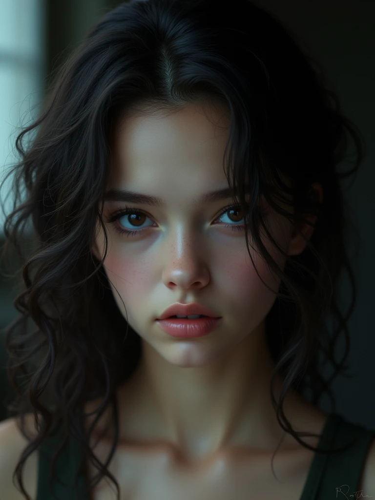 girl with black curly hair,beautiful ,has demon gaze.masterpiece
