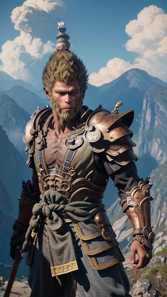 best quality,Very detailed,masterpiece,illustration,wukong(black myth),A boy stands alone on the peak of a rugged mountain range,Male focus,Firm expression,Glowing and delicate eyes,Shadowed side、armor、黑神话armor、Scapula,Holding a golden staff,Make the Swinging Golden Staff、Looking into the distance,There is sunshine around、cloud,Unreal Engine,8 thousand,Super Detail,Close-up,Movie-level lighting
