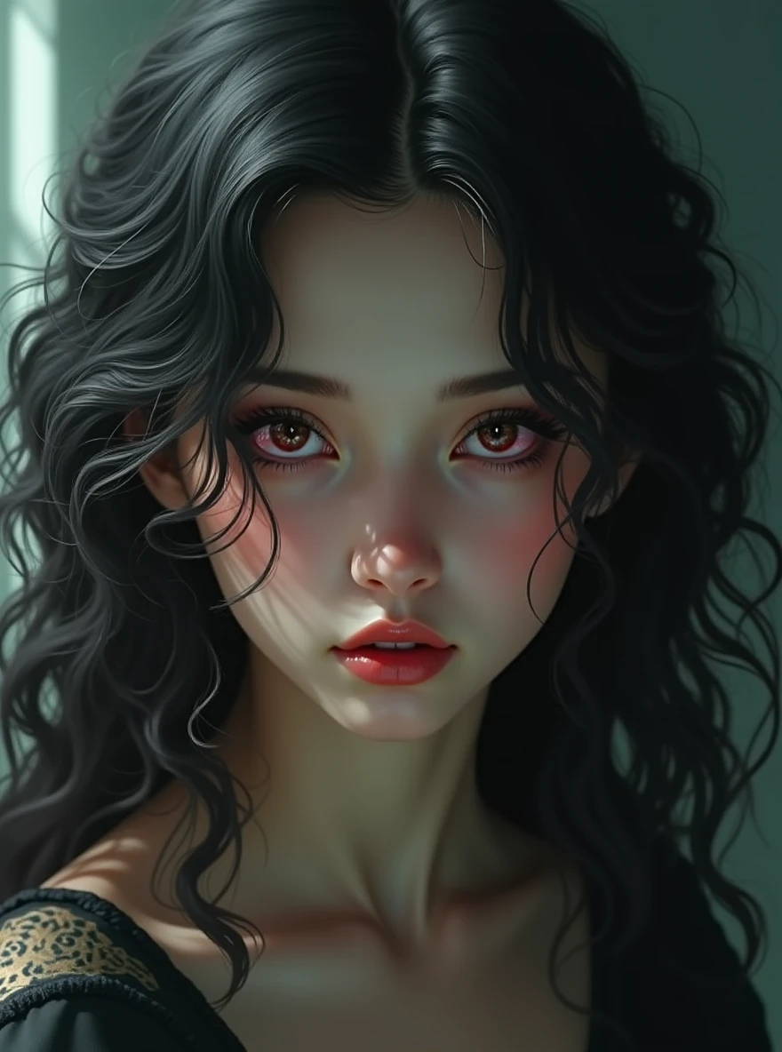girl with black curly hair,beautiful ,has demon gaze.masterpiece