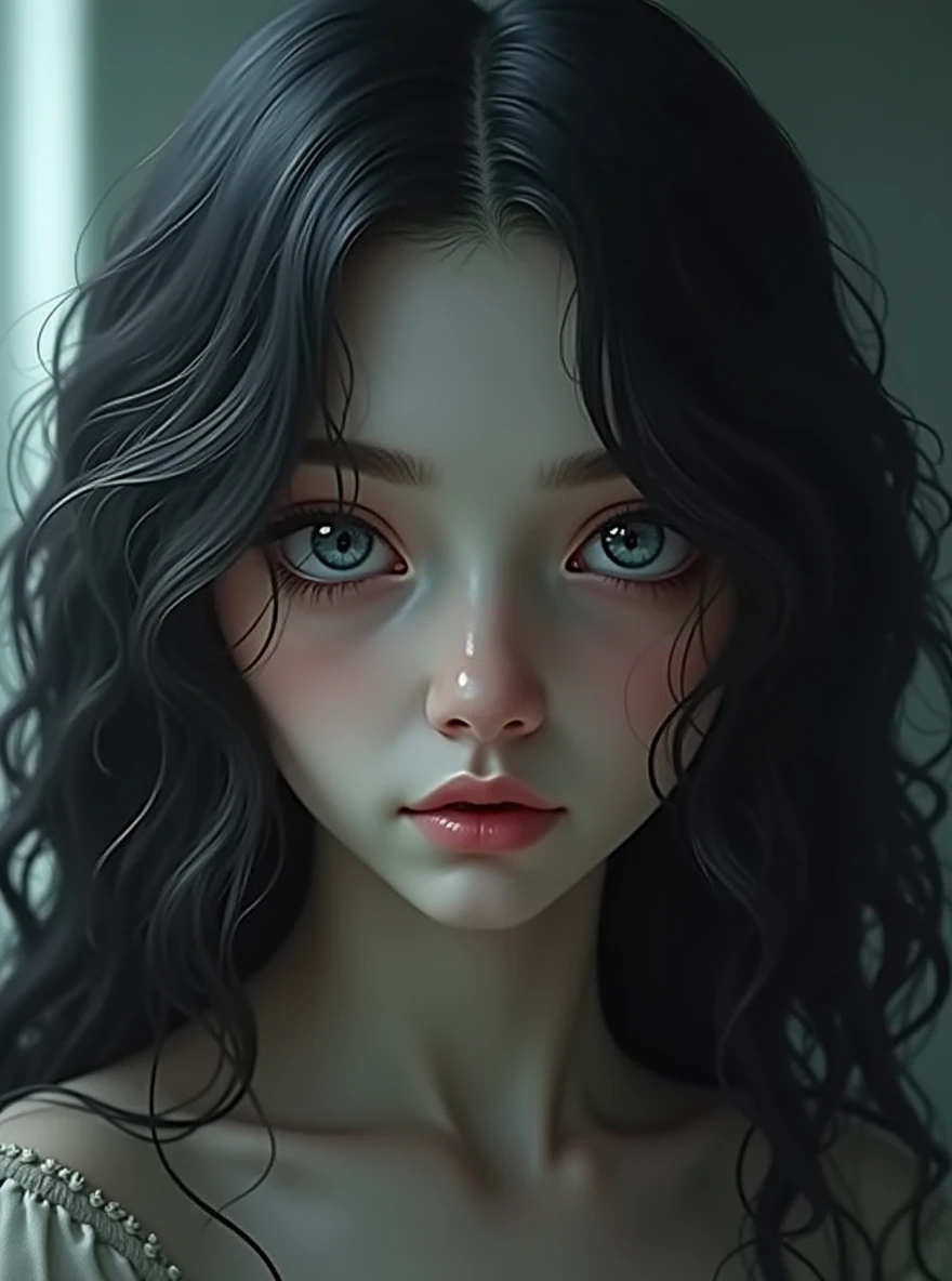 girl with black curly hair,beautiful ,has demon gaze.masterpiece