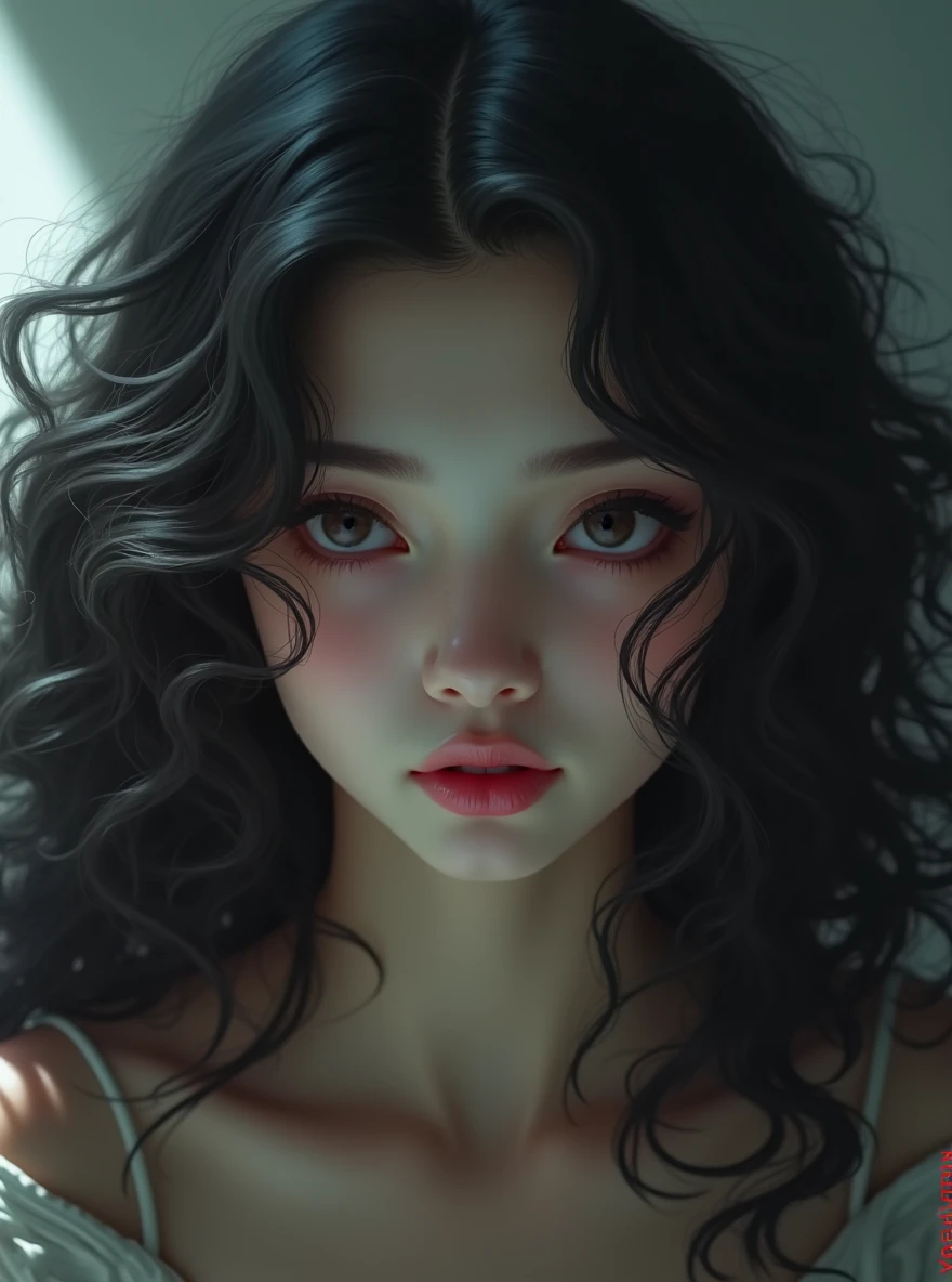 girl with black curly hair,beautiful ,has demon gaze.masterpiece