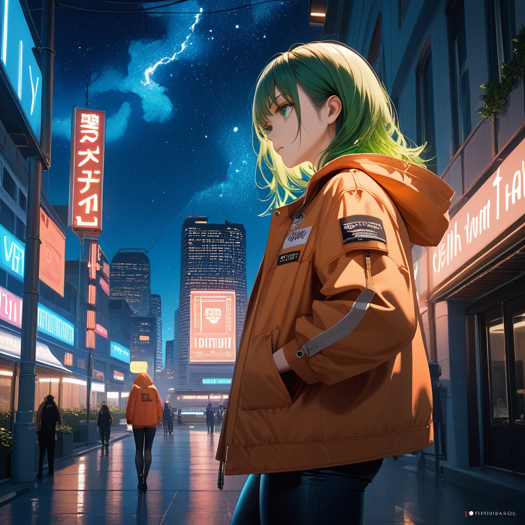 (best quality, irritability ,aesthetic,absurdres),select and generate best screen effect,((1girl,long-deepgreen-hair,green-eyes,orange-hooded-jacket)),,,neon lights,night city,starry sky,coat,from side,building,smoking,,