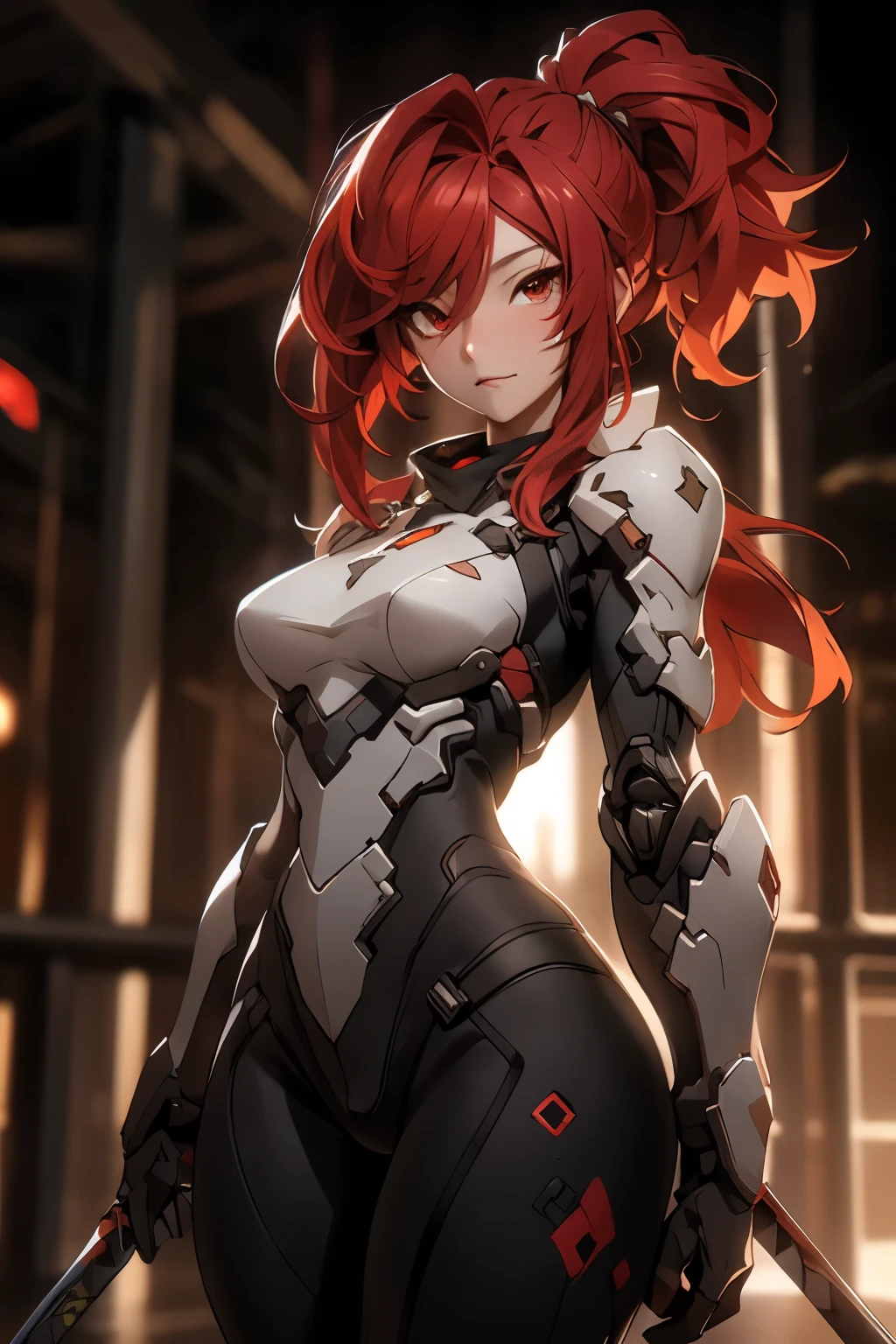 ((best quality)), ((Masterpiece)), (details:1.4), 3d, HDR (high dynamic range), mature woman, เหมือนจริง, High Ponytails, Red hair, Red eyes, จมูกโด่ง, PBR surface, After processing, Anisotropic filtration,depth of field, Maximum clarity and clarity, multi-layered surface, perfect proportions, 8K raw files, Cyber holy paladin, Heavy armor, Fierce