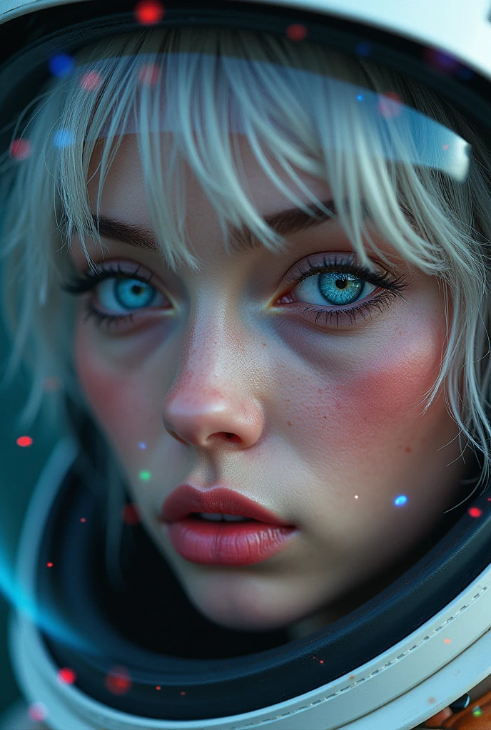 (Close-up of a better masterpiece:1.5)0.9], (Space and astronauts:1.2) (Messy silver hair:1.1) (Heterochromia xanthochromia and blue eyes:1.2) (Space Helmet:1.0) (Colored stars in the eyes:1.0) (A radiant glow:1.1) (thick lips:0.9)