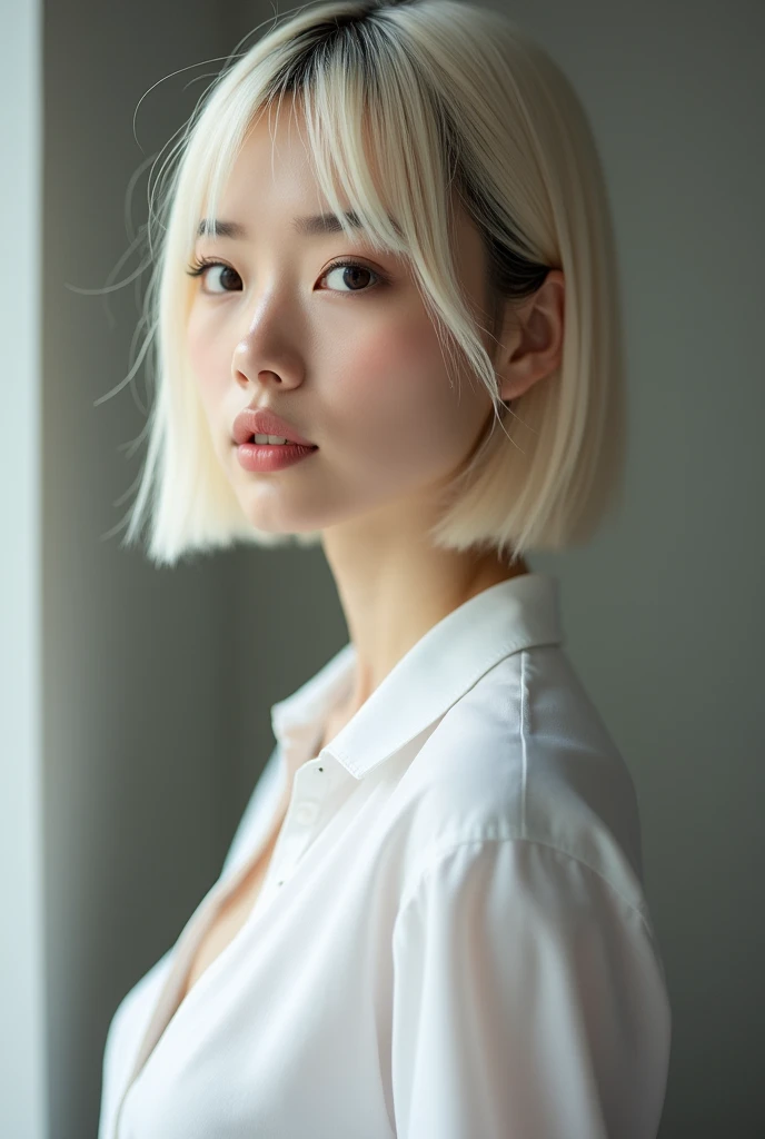 Photo seen from the side,(8k, RAW photo, best quality, masterpiece:1.2),natural lighting,small breast,(real human skin,finely detailed skin:1,4),upper body photo,((flat hair,straight shortbob hair,bleach hair,transparent bangs:1,6)),white shirt,