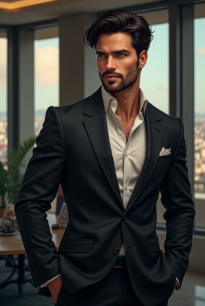 "Create an image of Vincent, the main character of a novel. Vincent is a tall, handsome Italian man in his early 30s. He has dark, slightly wavy hair, piercing green eyes, and a well-groomed stubble. He is wearing a sharp, tailored suit that emphasizes his sophisticated and powerful demeanor. Vincent exudes confidence and charisma, standing against a backdrop that suggests a luxurious lifestyle, such as a sleek modern office with large windows showcasing a cityscape or an elegant, upscale setting. The overall mood of the image should be one of authority and refinement."