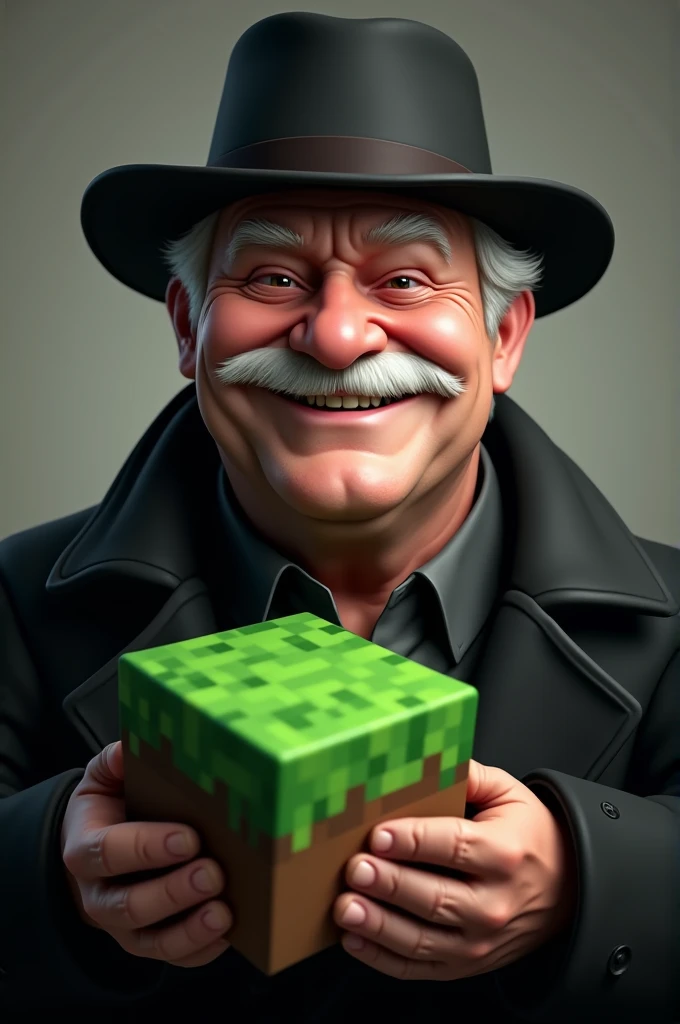 1 Man happy
with white mustache wearing black coat and black hat holding grass block Minecraft version