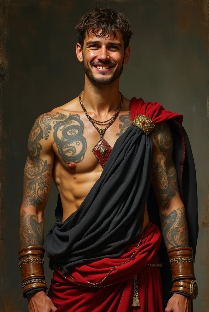 {{Masterpiece, best quality, oil painting, by Franz von Stuck, by James Tissot, by Moebius, male focus, muted colors}}, the composition is: ((((((very dramatic half body portrait of a handsome 30 year old ancient Roman noble, brown skin, tan, confident, magnificent, tattooed, smiling, brown hair. His face is tattooed, he has snake-like eyes)))))). (((((He is wearing a silken, black and red ancient ronin armor with praetorian inspired elements made of alligator leather, he is wearing a red diamond shape pendant))))).
