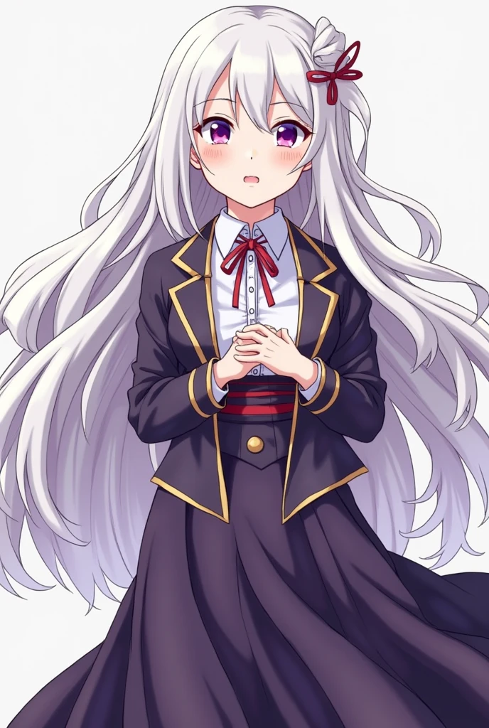Garota de Kimetsu no Yaiba, with the uniform open at the top like Mitsuri but with a long skirt, long white hair, purples eyes. sanemi&#39;s sister snow breath, full of scars hugging tomioka giyuu

