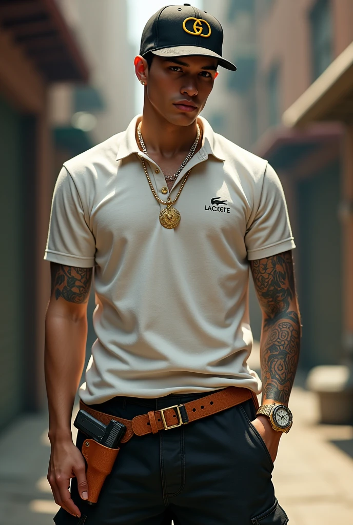 Make a tattoo, Lacoste shirt, bermuda da Nike, Gucci cap, gold cord with red flag, Invicta gold watch, holster with pistol on the waist and magazines