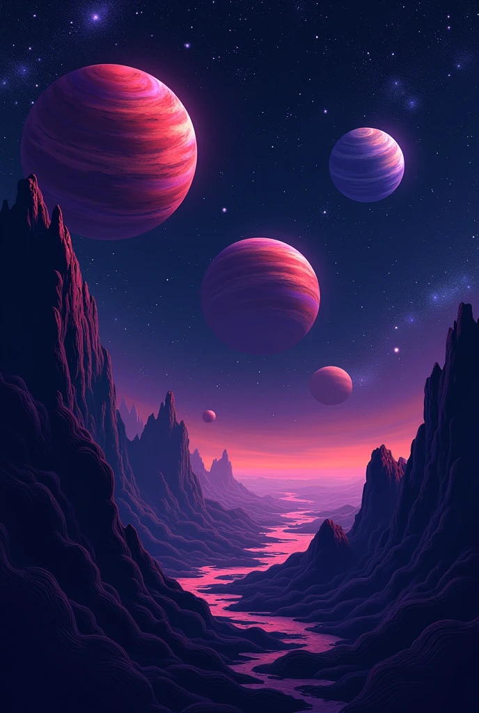 Sky planets ,images taken by observatories, color scheme: red , dark blue , purplish. Image should be vectorised , o