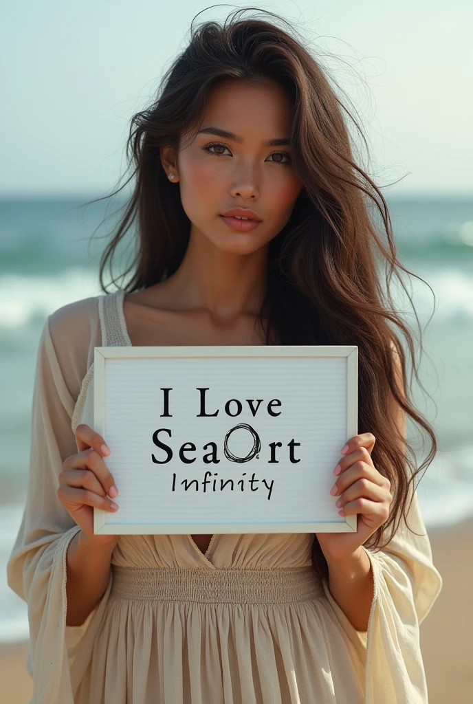 Beautiful girl with wavy long hair, bohemian dress, holding a white board with text "I Love Seaart Infinity" and showing it to the viewer
