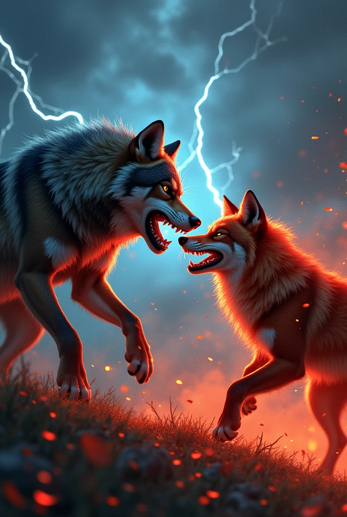 Create the image of a fierce wolf fighting with a fox with blood and lightning around