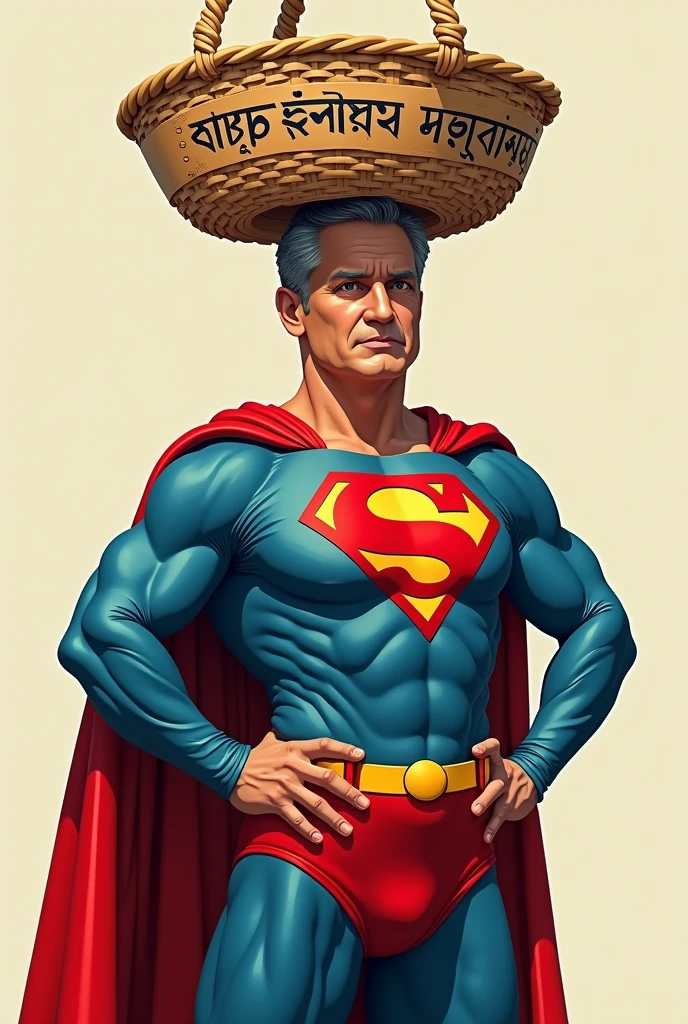 Bangladesh's Nobel laureate Mohammad Yunus is dressed as Superman with a basket on his head that reads in bangla “২৭টি মন্ত্রণালয়ের দায়িত্ব নেওয়ার পর ইউনুস”.