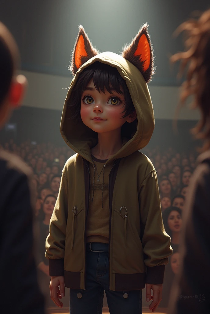 Draw a boy with a hood Good cat ears Singing in front of the audience Hooded