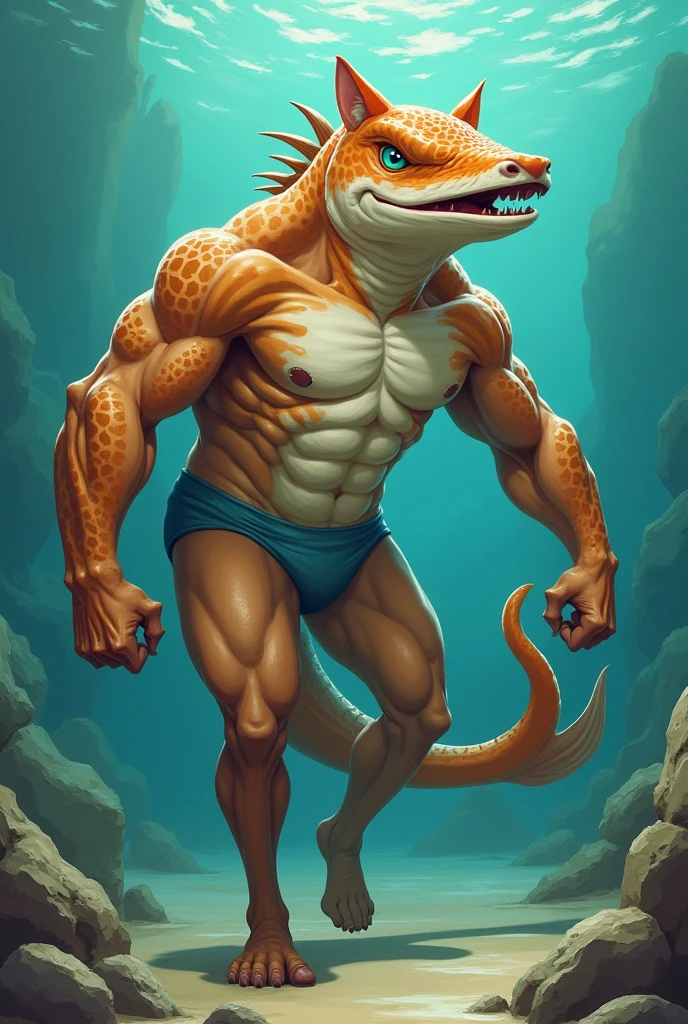 A muscular humanoid catfish wearing a speedo, cartoon style
