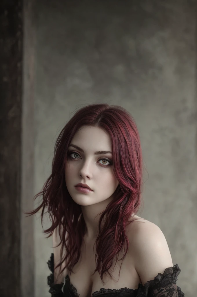 (Realisttic:1.2), analog photo style, cute woman with short black-red multicolored hair, red eyes, (Gloomy and dark atmosphere), soft natural light, faded colours, sexy, great quality, Masterpiece, detailed fantasy background, better performance, 16k quality, HDR, RAW photo